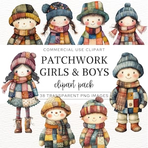 Boneca de brinquedo clipart, meninas e meninos de patchwork, pacote de clipart de boneca de menina, clipart com tema de boneca fofa, bonecas acolchoadas em aquarela png, brinquedos de pelúcia
