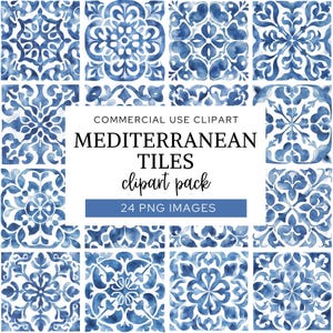 Mediterranean Blue & White Tiles Clipart, Portuguese Azulejo Ceramic Tiles, Watercolor Moroccan Art Seamless Pattern, Italian Wedding