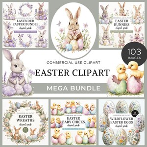 Ostern Clipart Mega Bundle, süße Hasen und Küken, Aquarell Häschenkränze aus Frühlingsblumen, bemalte Eier, Downloads für Basteln, CA23