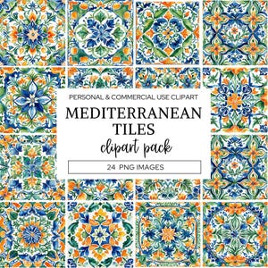 Clipart aquarelle de carreaux méditerranéens, carreaux de céramique azulejos portugais, licence commerciale, motifs de carreaux marocains, mariage italien, CA17.