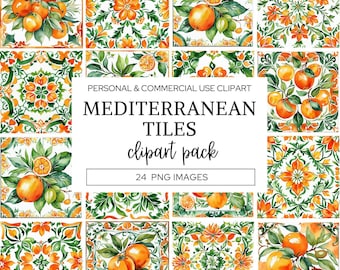Mittelmeer Fliesen Clipart, Aquarell Orangen, portugiesische Azulejo Keramikfliesen, marokkanisches Kunstdesign, nahtloses Muster, italienisches Design.