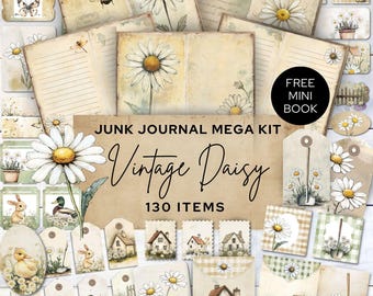 Vintage Daisy Junk Journal Kit, Digital Printable Ephemera, Floral Scrapbook Pages, Watercolor Daisies, Flower Craft Papers Download, JJ306