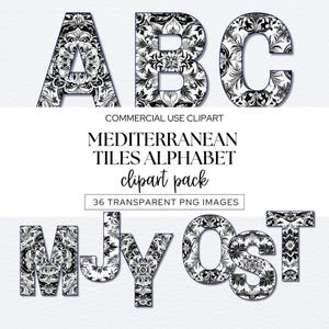 Clipart alphabet carreaux méditerranéens, carreaux de céramique azulejos portugais, png marocain, lettres et chiffres noir et blanc, design italien.