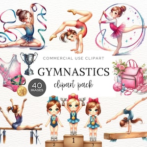 Ilustrações em aquarela de ginástica, ginasta rítmica, arte esportiva infantil para imprimir, convite de aniversário para meninas ginastas, trave de equilíbrio, trampolim. CA25
