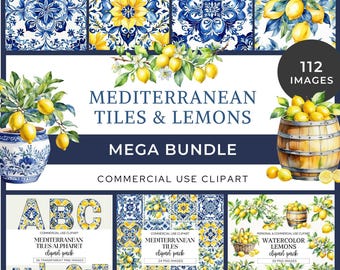Mittelmeer Fliesen Clipart Mega Bundle, Aquarell Zitronen, Portugiesisch Blaue und weiße Fliesen, Marokkanisch Italienisch Spanisch Griechisch Fliesen, Hochzeit