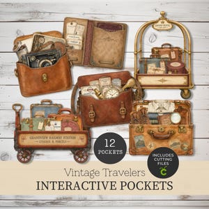 May include: A collection of vintage-style travel illustrations featuring brown leather bags, a passport holder, a hotel luggage cart, a railway station cart, and a suitcase filled with clothing, with text reading 12 POCKETS, INCLUDES CUTTING FILES, VINTAGE TRAVELERS INTERACTIVE POCKETS.