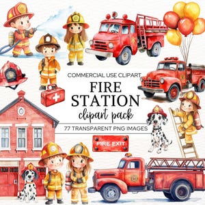 Pacote de clipart fofos de bombeiros, clipart de caminhão de bombeiros em aquarela, PNG de corpo de bombeiros, decoração de festa de aniversário infantil, bombeiros e carros de bombeiros.