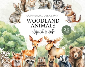 Waldtiere Clipart: Aquarell Kinderzimmer Waldtiere PNG Grafiken, Kommerzielle Nutzung, CA1