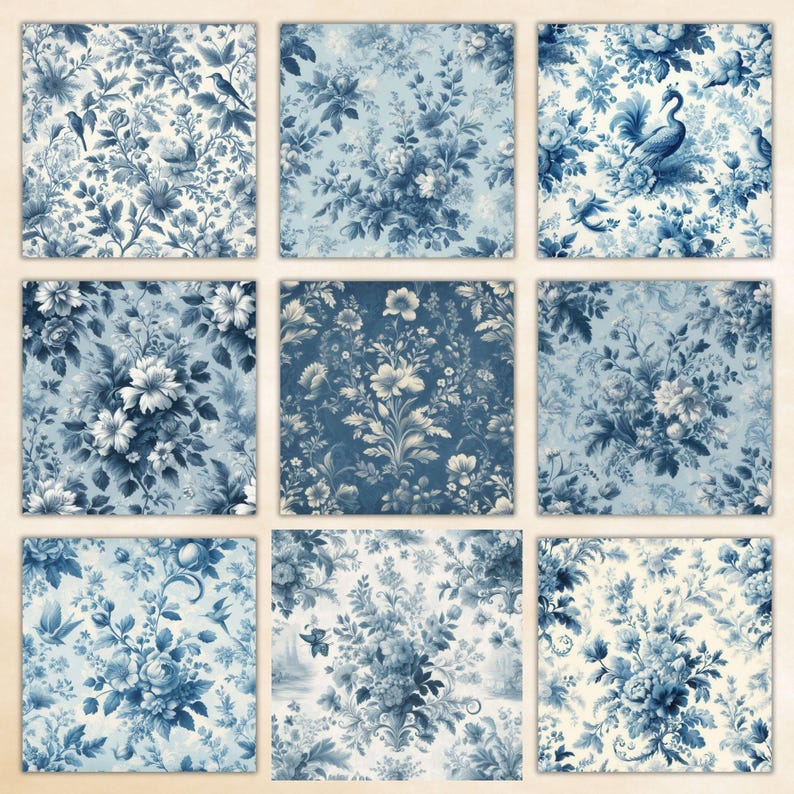 French Blue Toile Digital Paper Pack, Vintage Floral Scrapbook Papers ...