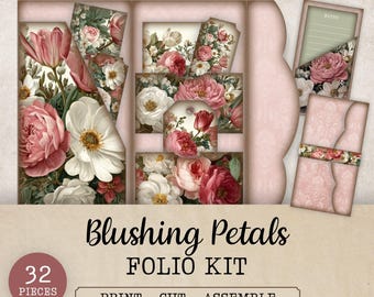 Kit per album fotografico "Romantic Rose Folio" stampabile, tasche pieghevoli floreali rosa e bianche, effimere shabby chic, kit per lavori di carta in stile cottagecore.