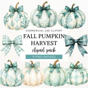 Fall Pumpkins and Bows Clipart, Teal Fall Harvest Pumpkins, Damask and Gingham Pumpkins, Fall Harvest Graphics, Rustic Farmhouse PNG, CA12