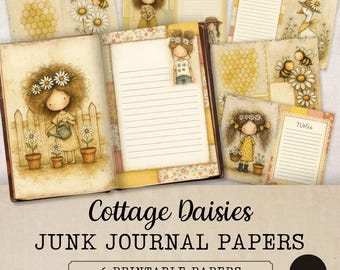Cottage Daisies Junk Journal Pages Vol. 3, kit di carte Shabby Chic stampabili per journaling e artigianato, JJ333