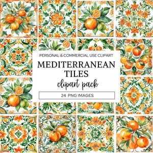Mediterranean Tiles Clipart, Watercolor Oranges, Portuguese Azulejo Ceramic Tiles, Moroccan Art Design, Seamless Pattern, Italian Design.