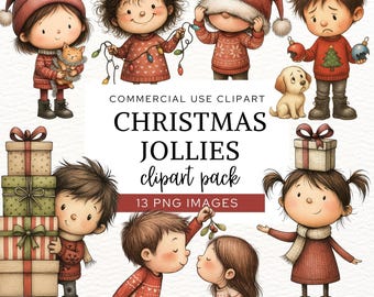 Clipart de Natal com Crianças Fofas, Imagens PNG Divertidas de Natal com Crianças para Cartões e Artesanato em Papel, Ilustrações Festivas para Scrapbooking, CA15