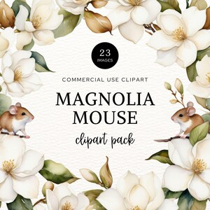 Imágenes prediseñadas de ratón en magnolia, PNG de animal lindo, imágenes prediseñadas de acuarela para manualidades, scrapbooking y diario basura, invitación de baby shower PNG, CA1