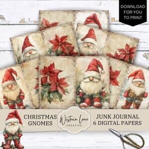 Christmas Gnome Junk Journal Pages, Christmas Printable Ephemera, Festive Scrapbook Papers, Xmas Gonks, Papercrafts,  Collage Sheet, JJ005
