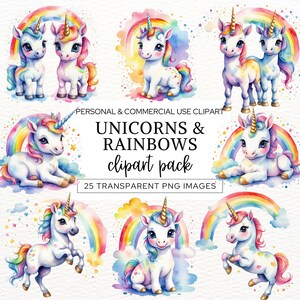Rainbow Unicorn Clipart, Unicorn PNG, Magical Unicorn Graphics, Watercolor Unicorn, Unicorn Birthday Girl Clip Art, Colorful Nursery Decor.
