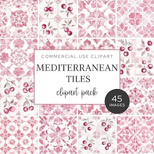 Mediterranean Tile Clipart, Watercolor Tiles, Pink Ceramic Tile, Junk Journal Pink Toile, Cherry, Seamless Tile Pattern for Crafts, CA17.