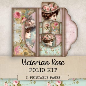 Victorian Rose Folio Kit, Junk Journal Folding Folio, Printable Vintage Ephemera, Shabby Chic Loaded Pockets, Digital Download, JJ316