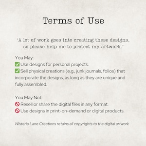 May include: A document titled Terms of Use with black text on a light background. It outlines permissions for personal projects and physical creations, while prohibiting the resale of digital files or use in print-on-demand products by Wisteria Lane Creations.