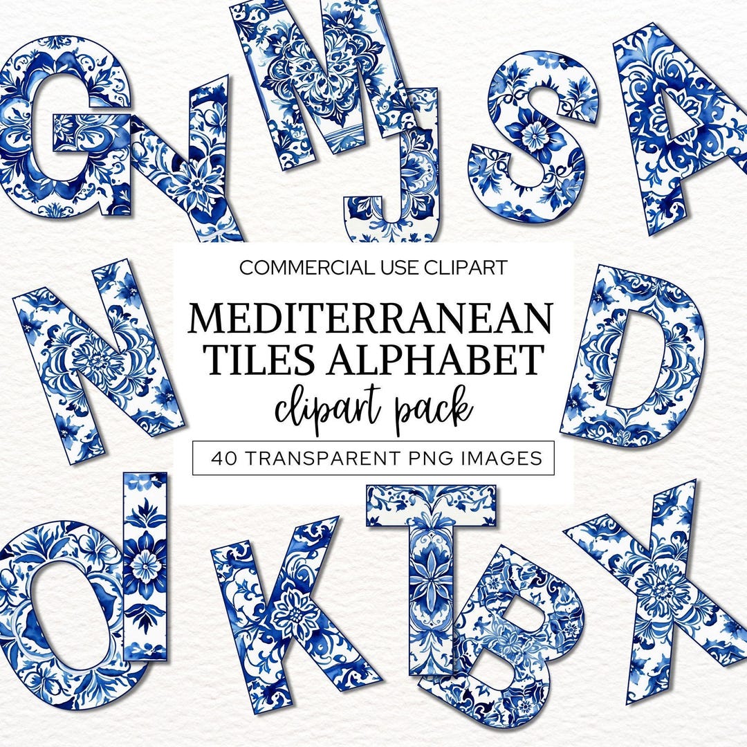 Mediterranean Tiles Alphabet Clipart, Watercolor Blue and White Letters ...