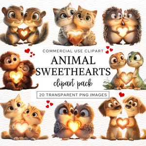 Clipart animaux amoureux de la Saint-Valentin, clipart Saint-Valentin, clipart mignon pour la fabrication de cartes de Saint-Valentin, néon coeurs Png, sublimation.