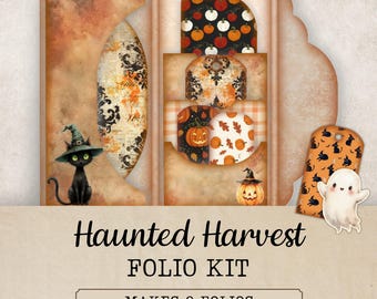 Op de afbeelding: Een papieren folio-set met een zwarte kat in een groene heksenhoed, pompoenen en een spookje. De set bevat decoratieve labels met oranje en zwarte patronen, herfstbladeren en de tekst Haunted Harvest FOLIO KIT MAKES 2 FOLIOS.