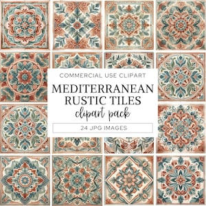 Clipart carrelage méditerranéen en terre cuite, carrelage espagnol et italien, papiers numériques rustiques bohèmes, azulejos aquarelle PNG, dessins marocains, CA17