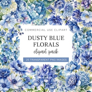 Watercolor Blue Floral Clipart, Dusty Blue Floral Art for Invitations, Hydrangea Flowers, Indigo Blue Flower Bouquets for Card Making, CA8