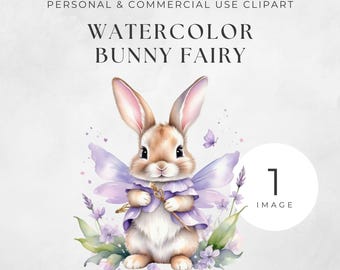 Clipart fée lapin lilas, art aquarelle pour chambre d'enfant, mignon lapin PNG, baby shower, décoration pour enfants, lapin et fleurs de printemps, graphiques de journal indésirable.