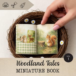 May include: A miniature book titled "Woodland Tales" featuring illustrations of forest animals. The open book displays a bunny and deer on one page and a squirrel on the other. The book is held in a woven nest with daisy accents.