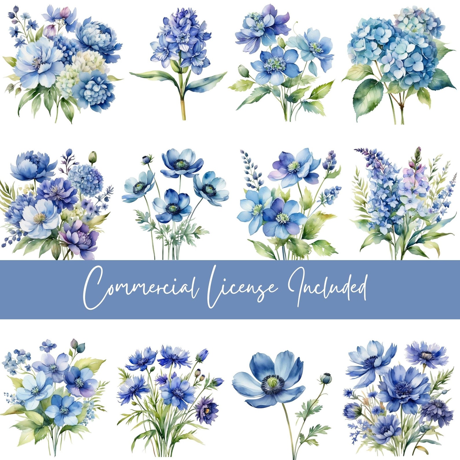 Indigo Blue Flower PNG, Watercolor Blue Flower Clipart Bundle ...