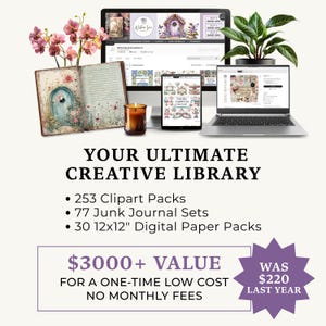 May include: A digital art bundle displayed on a laptop, tablet, and desktop computer. The image includes a journal, a lit candle, and a potted plant. Text reads "YOUR ULTIMATE CREATIVE LIBRARY" with details about clipart, journal sets, and digital paper packs.