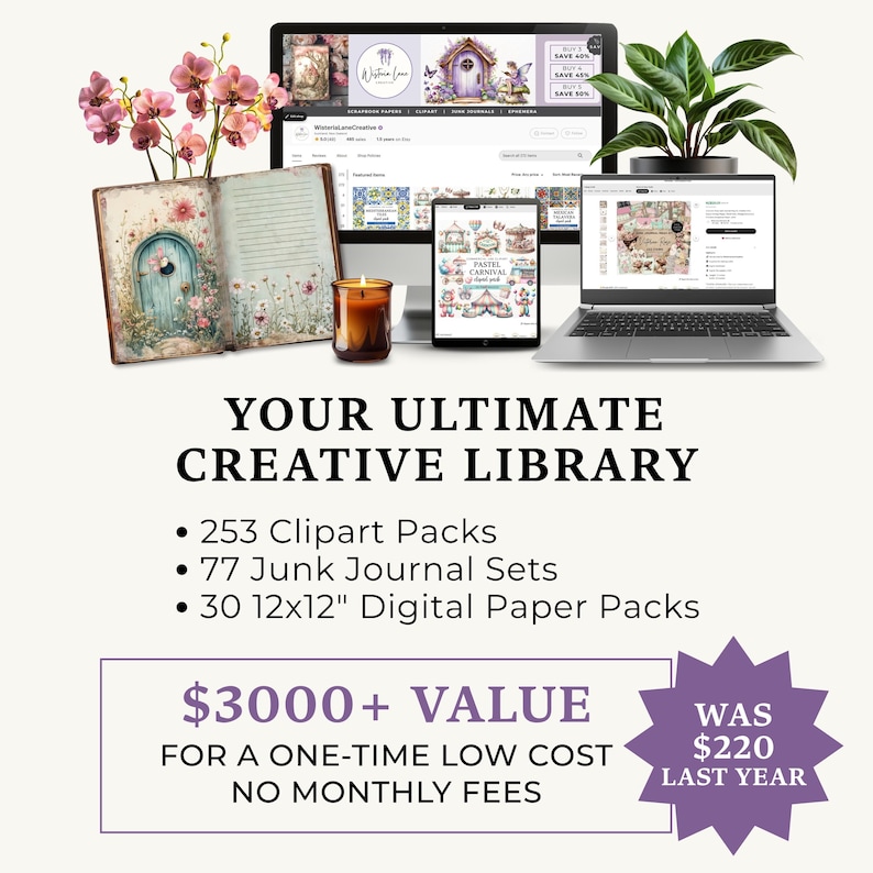 May include: A digital art bundle displayed on a laptop, tablet, and desktop computer. The image includes a journal, a lit candle, and a potted plant. Text reads "YOUR ULTIMATE CREATIVE LIBRARY" with details about clipart, journal sets, and digital paper packs.