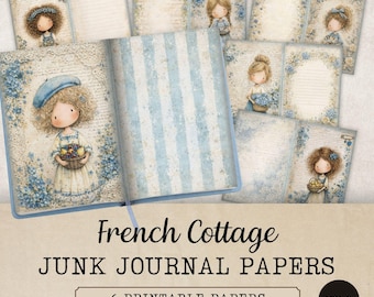 French Cottage Junk Journal Papers, Vintage Blue Cottagecore Printable, Whimsical Girl Scrapbook Pages, Volume 2, JJ339