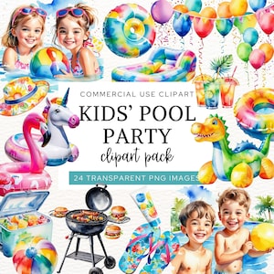 Pool Party Clipart, Kids Summer Fun Clip Art, Watercolor Digital Download, Perfect for Kids Birthday Pool Party Invitations and Decor, CA6