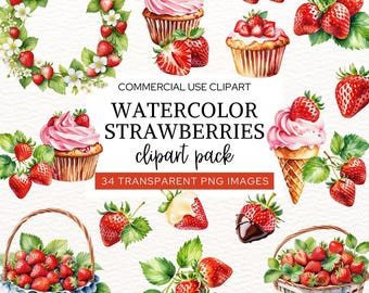 Clipart premier anniversaire de baies, aquarelle de fraises pour faire-parts, fruits d'été PNG, fraises et crème glacée, usage Commercial.