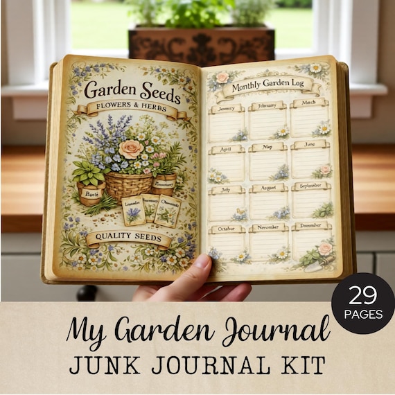 Garden Journal Printable: Digital garden planner, Gardening junk journal kit, Vegetable and flowers planting schedule, Vintage seed packets.