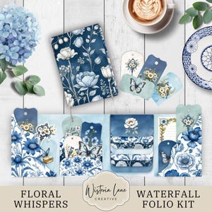 Blue Floral Waterfall Folio Kit, Vintage Botanical Junk Journal Ephemera, Cottage Core Quad Folding Folio, Printable Paper Crafts, JJ320