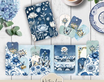 Blue Floral Waterfall Folio Kit, Vintage Botanical Junk Journal Ephemera, Cottage Core Quad Folding Folio, Printable Paper Crafts, JJ320