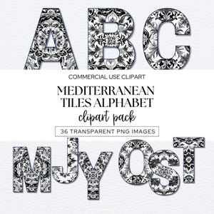 Mediterrane tegels alfabet clipart, Portugese azulejo keramische tegels, Marokkaanse png, zwart-witte letters en cijfers, Italiaans design.