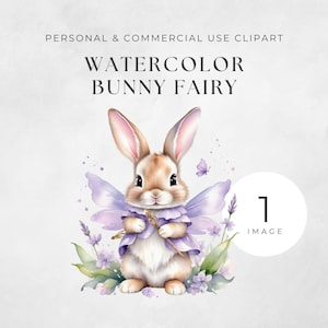 Clipart de hada de conejito lila, arte infantil de acuarela, lindo conejito PNG, baby shower, decoración infantil, conejo y flores de primavera, gráficos de diario basura.