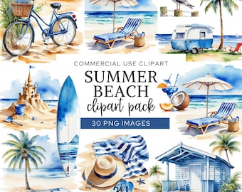 Watercolor Summer Beach Clipart, Tropical Vacation Art, Seaside Holiday Graphics, Nautical Ocean Surf PNG, Commercial Use.