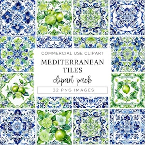 Carrelage méditerranéen, clipart aquarelle citrons verts, carreaux de céramique azulejos portugais, licence commerciale, téléchargement numérique motif vert et blanc.