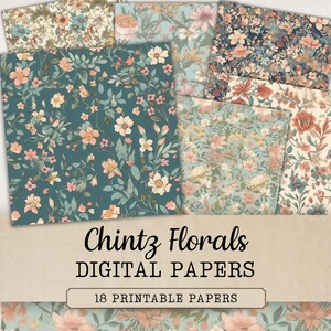 Chintz Floral Digital Papers, Grandmillenial Flower Pattern, Printable Vintage Floral Scrapbooking Pages, Background Papers, Commercial Use.