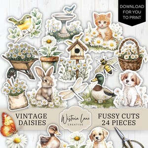 Vintage Daisy Fussy Cuts, Ephemera di Junk Journal stampabile, Download digitale floreale per scrapbooking, Forniture artigianali, Adesivi margherite, JJ306