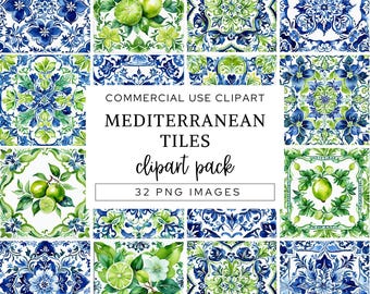 May include: A digital collection of Mediterranean tile patterns featuring blue and green floral motifs and lime illustrations. The central text reads: COMMERCIAL USE CLIPART MEDITERRANEAN TILES clipart pack 32 PNG IMAGES. The design includes various square decorative tile graphics.