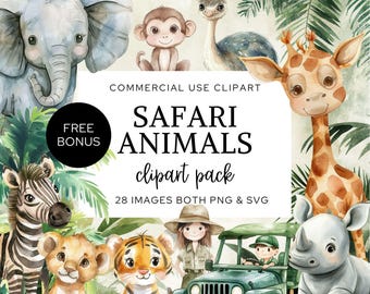 Watercolor Safari Animals Clipart, Jungle Friends Nursery Art, Baby Animals PNG for Baby Shower, Boho Tropical Animals
