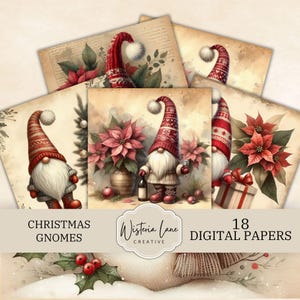 Christmas Gnomes Digital Papers, Gonks Scrapbook Printable Pages, Vintage Junk Journal Ephemera, Festive Watercolor Scrapbooking Paper, DP11