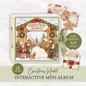 May include: A 4x4 inch interactive mini album with 16 pages featuring a Christmas market illustration on the cover. The cover shows children, a dog, and festive stalls. Included are decorative paper cutouts of cookies and a Christmas movie night envelope.